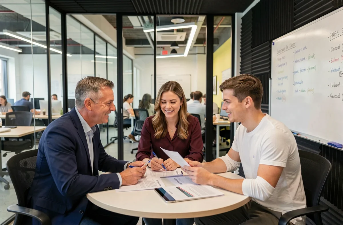 Équipe de professionnels en réunion collaborative dans une cabine vitrée d'un espace de coworking