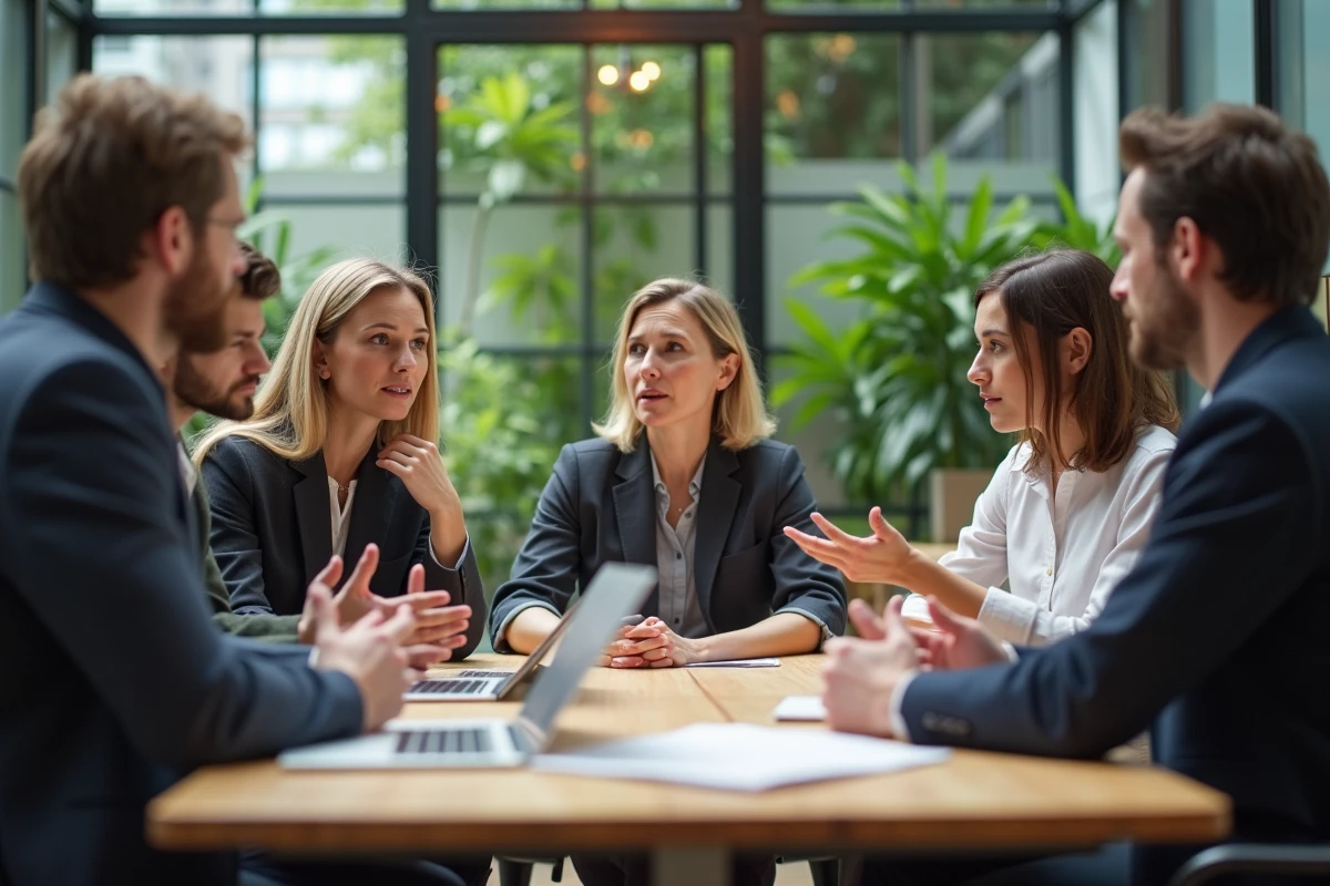 Groupe de professionnels en discussion dans un espace de travail