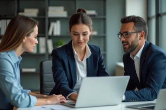 Femme d'affaires en réunion avec collègues au bureau
