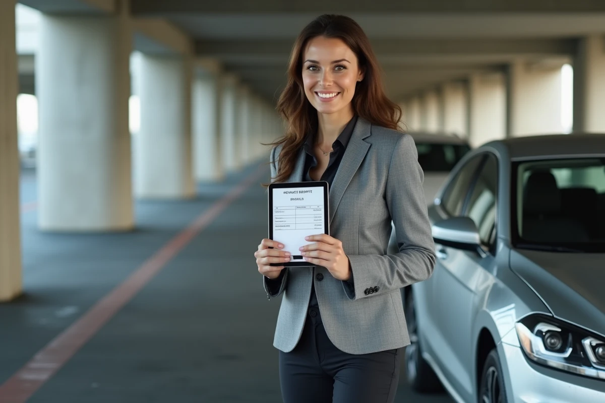 Responsable RH debout près d'un véhicule de société dans un parking d'entreprise avec une fiche de paie sur tablette