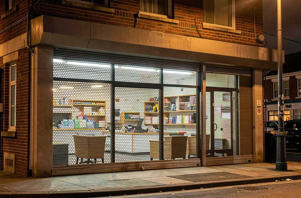 Rideau métallique microperforé baissé devant un magasin la nuit