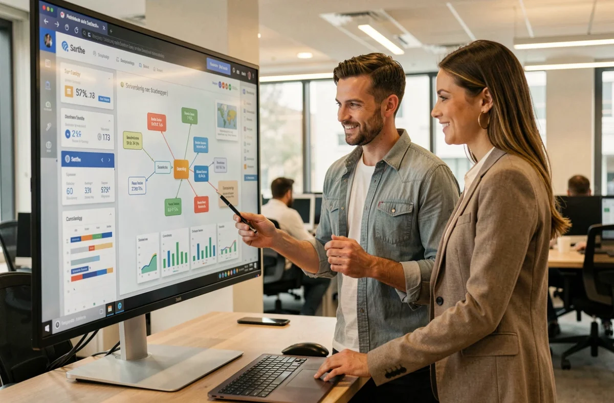 Équipe de Rozenberg Marketing dans la Sarthe travaillant ensemble sur une stratégie digitale et SEO devant un grand écran