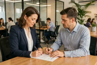 Femme cadre et consultant RH signant une rupture conventionnelle en portage salarial dans un bureau moderne