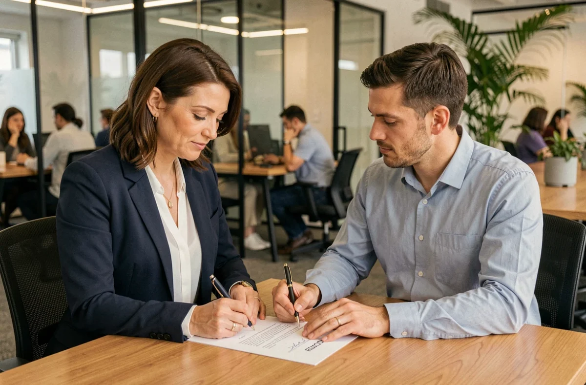 Femme cadre et consultant RH signant une rupture conventionnelle en portage salarial dans un bureau moderne