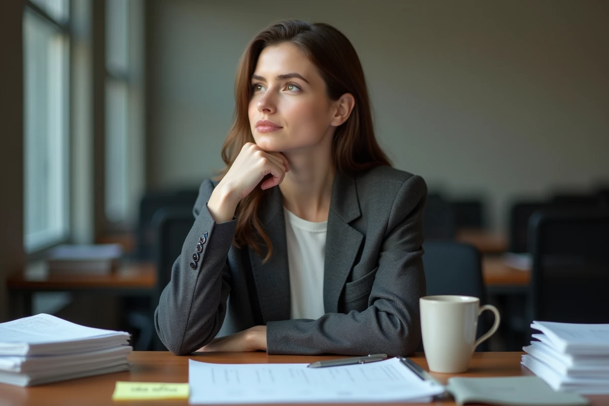 Salariée hésitante devant un formulaire de suggestion vierge, illustrant le manque de participation à la boîte à idées