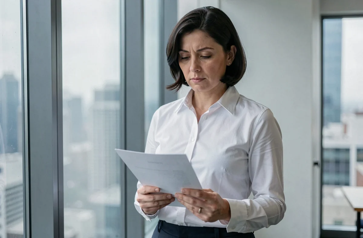 Une salariée portée lit attentivement une lettre de licenciement près d'une fenêtre de bureau donnant sur la ville