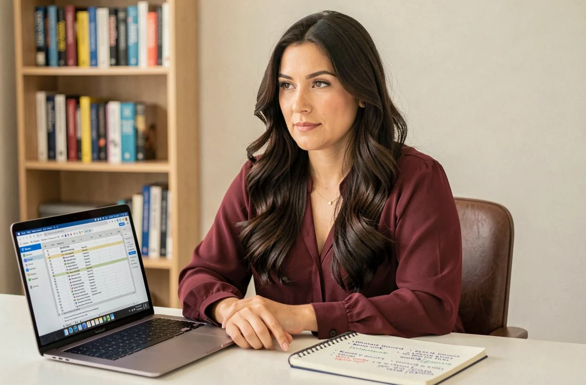 Sara El Gharbi, consultante SEO indépendante, analysant une stratégie de référencement sur son ordinateur dans son bureau