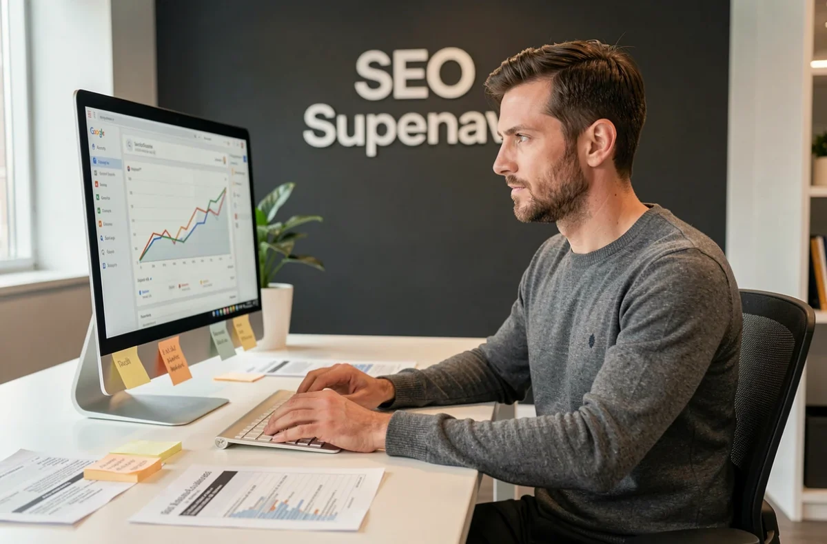 Spécialiste SEO de l'agence SEO Supernova analysant des données de recherche sur un tableau de bord Google Search Console