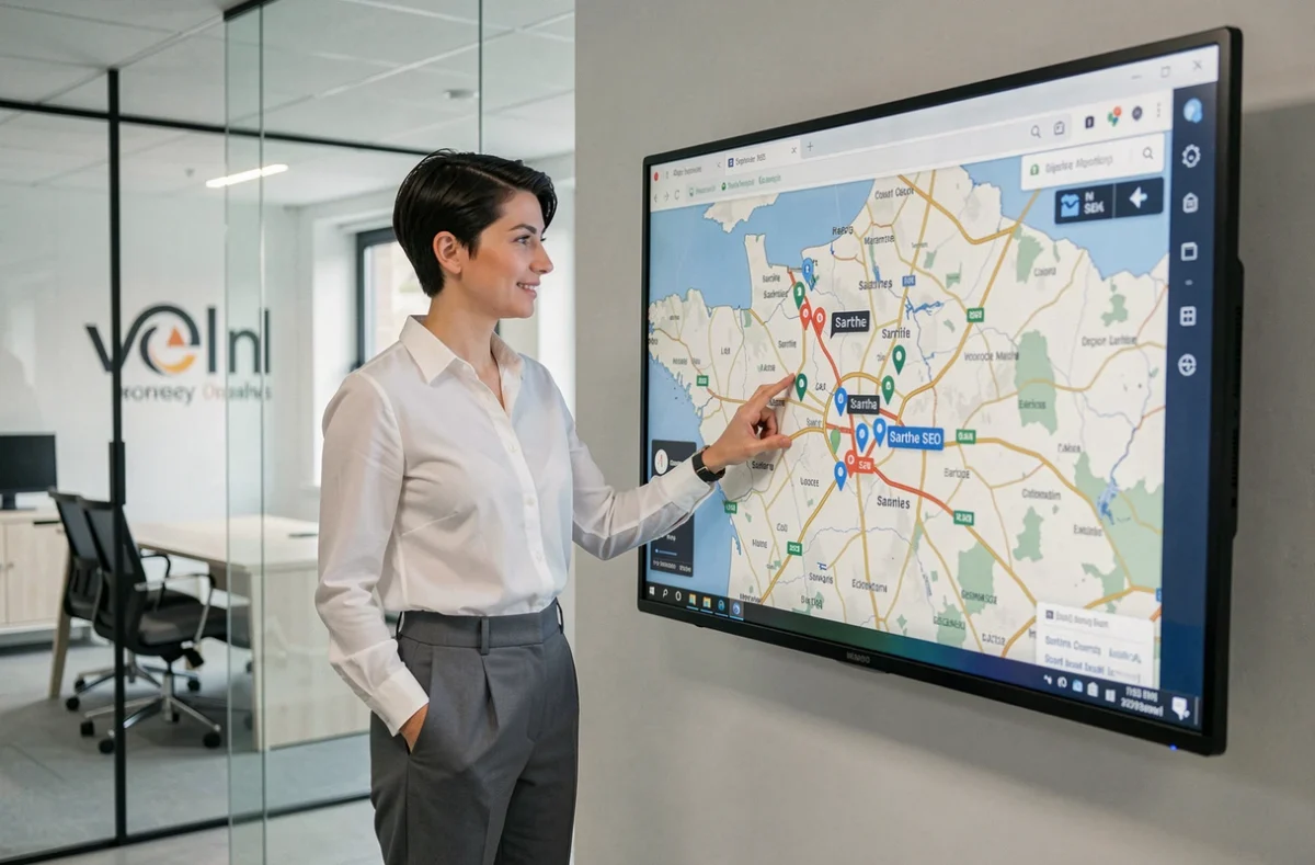 Consultante de l'agence SEO Supernova pointant une carte de référencement local dans la Sarthe sur un écran mural