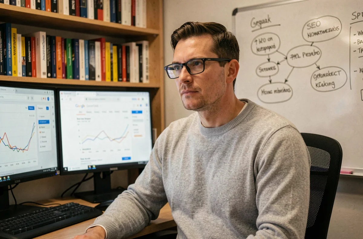 Expert en référencement naturel de Seobooster au Mans analysant des données de trafic organique sur deux écrans