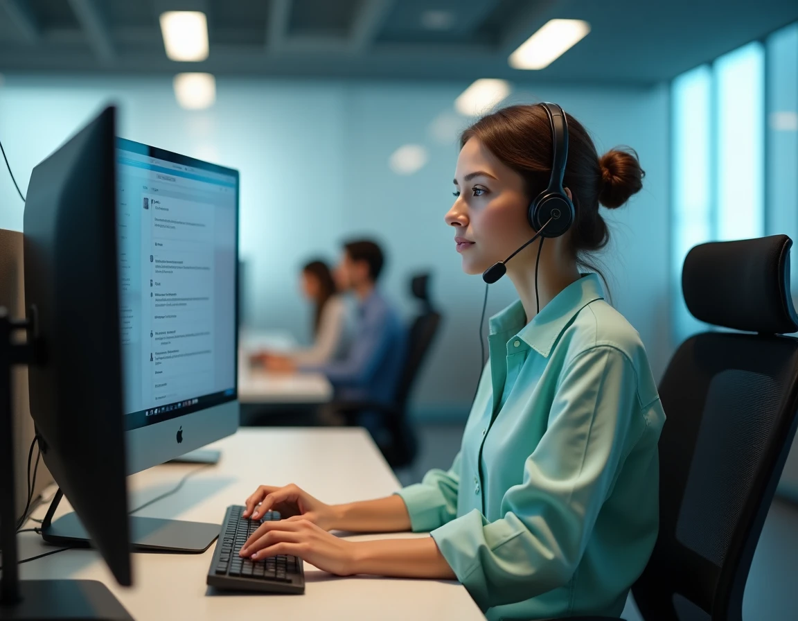 Chargée de relation client rédigeant une réponse professionnelle à un avis négatif sur un tableau de bord en ligne