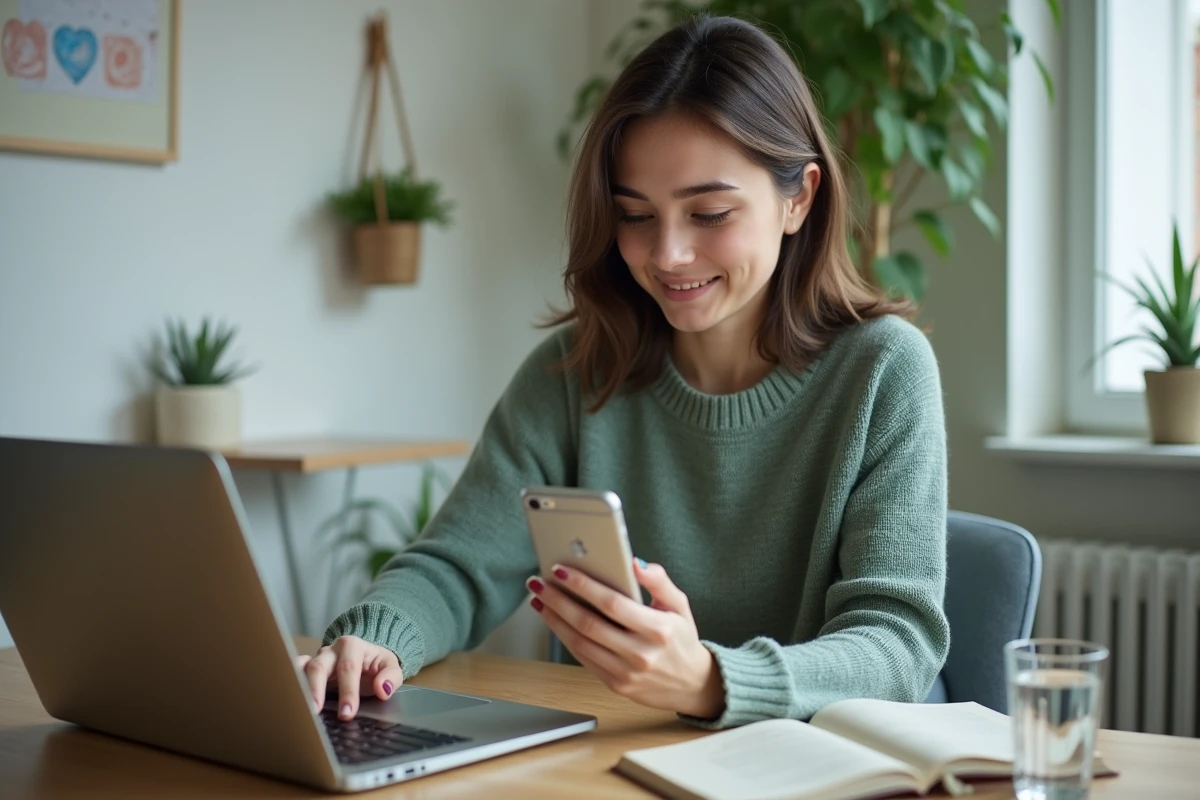 Jeune femme en télétravail consultant des statistiques de trafic web et des notifications de réseaux sociaux en hausse sur ordinateur et smartphone