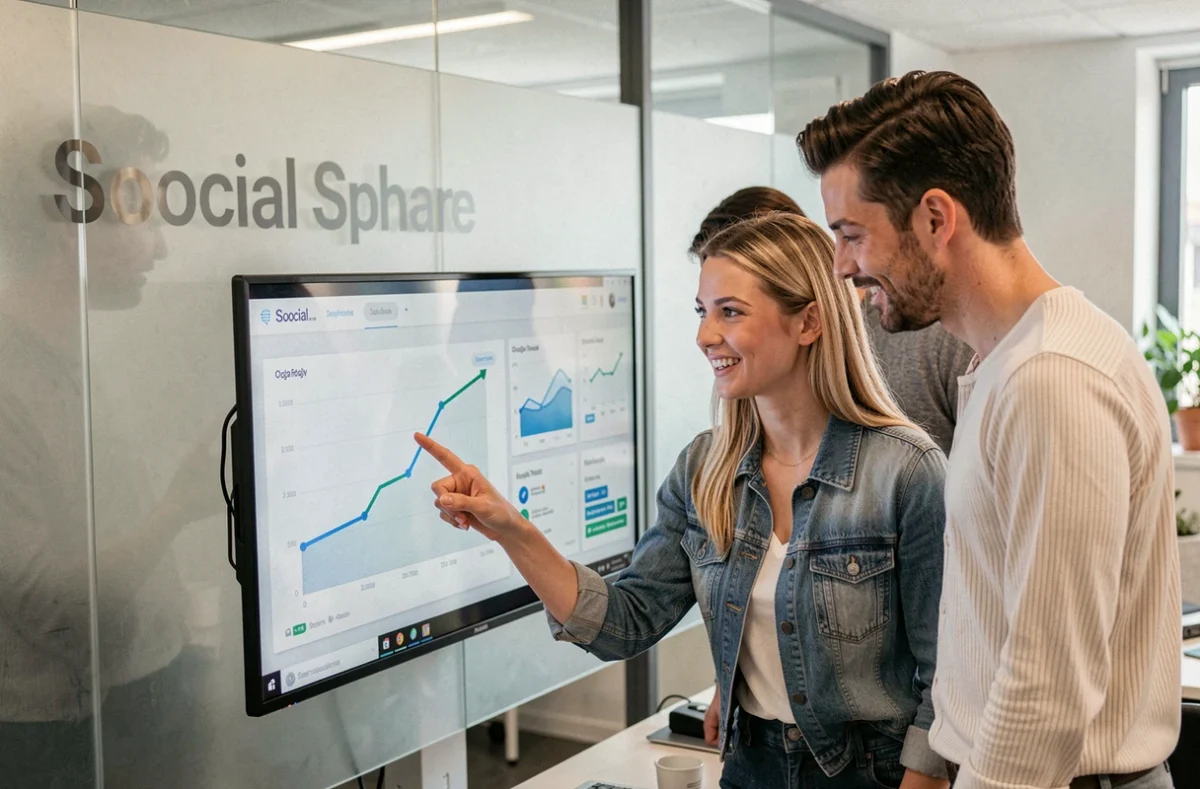 Équipe de Social Sphere analysant des performances SEO et réseaux sociaux sur un grand écran interactif dans leur agence