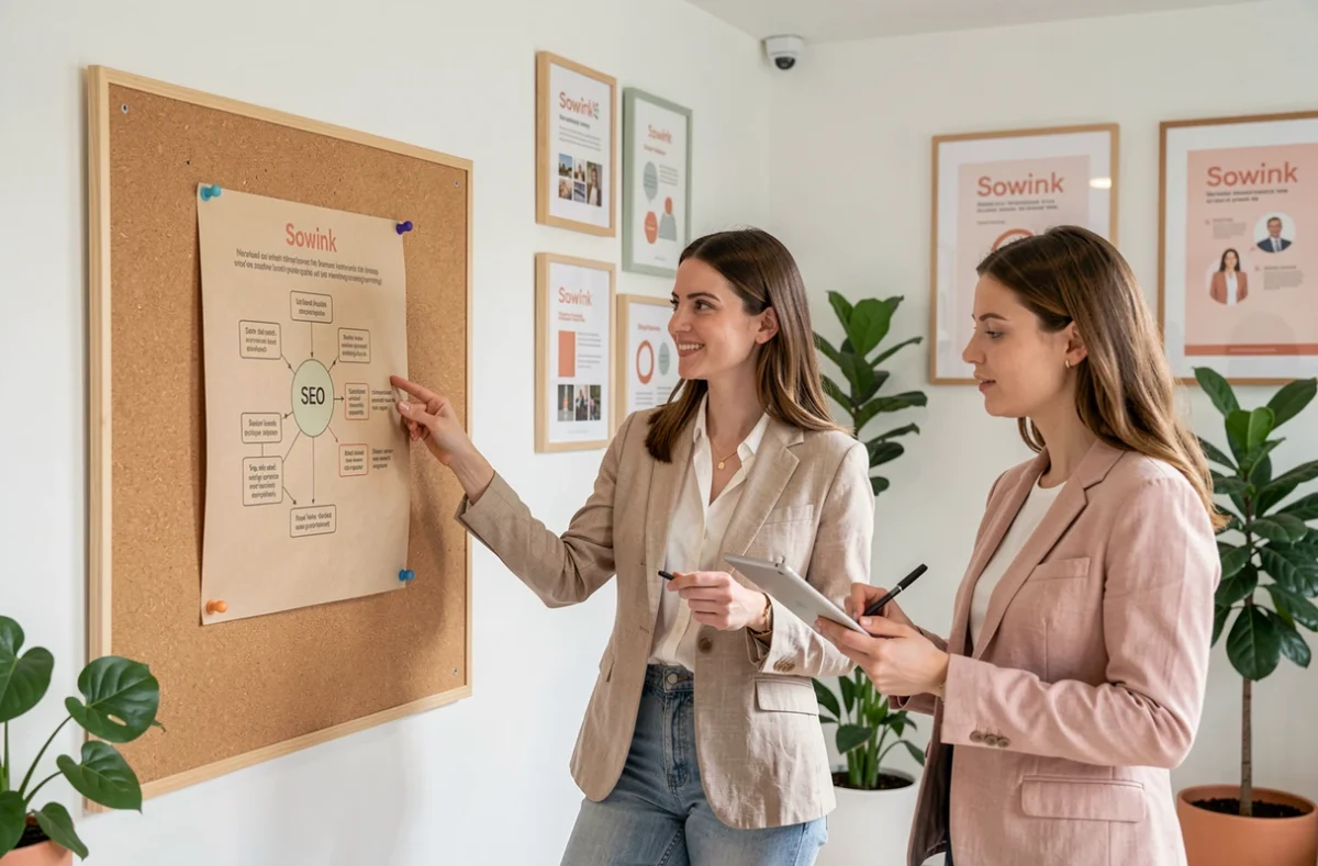 Deux professionnelles de l'agence Sowink présentant une feuille de route SEO dans leur studio en Charente