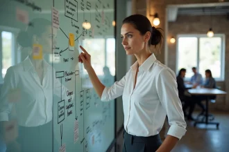 Directrice de stratégie de campagne expliquant un plan marketing sur un tableau blanc dans une agence créative moderne