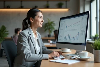 Femme analyste marketing consultant des tableaux de bord digitaux avec courbes de croissance sur écran d'ordinateur dans un bureau moderne