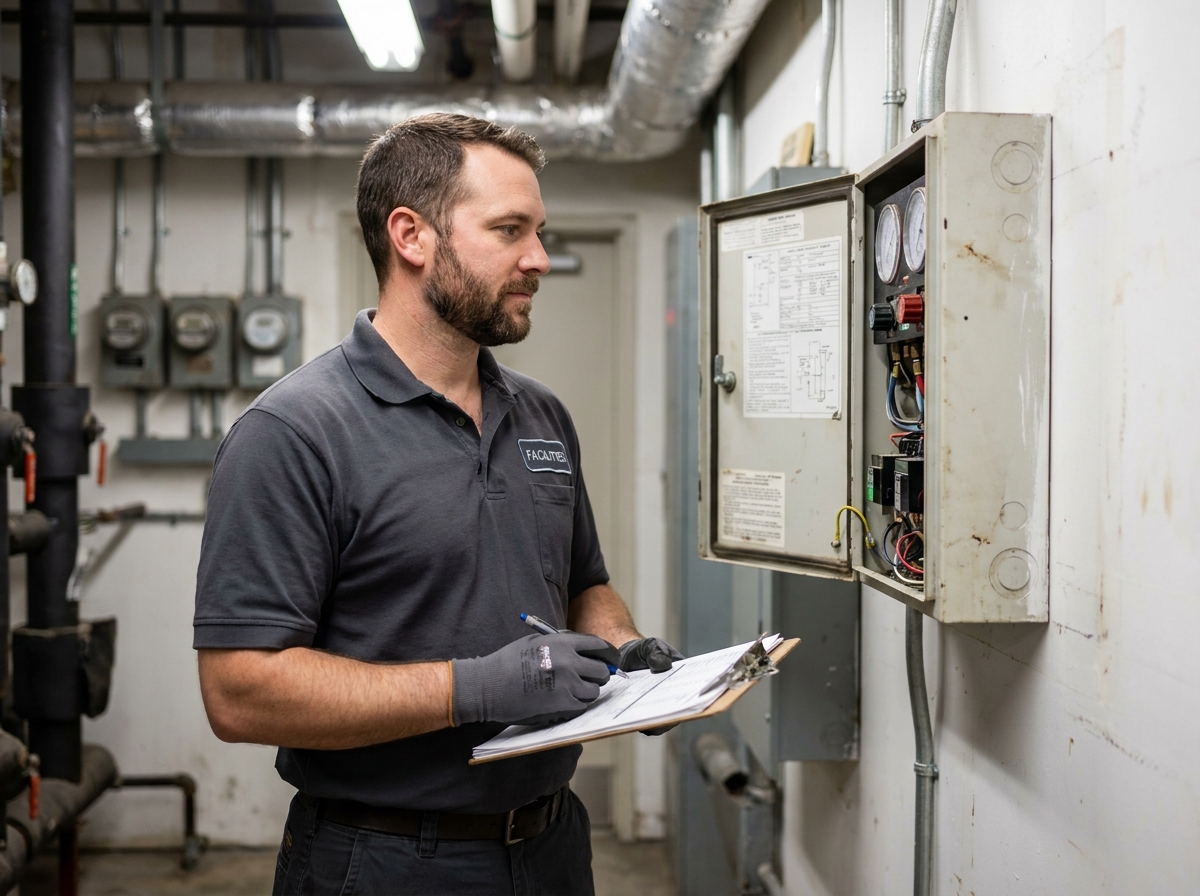 Technicien de maintenance inspectant un panneau de contrôle dans une salle technique d'un bâtiment commercial