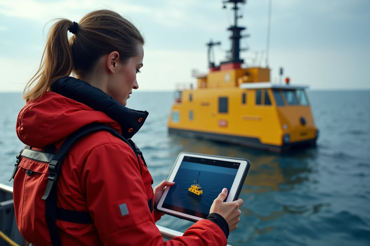 Technicienne marine surveillant un robot sous-marin en mer