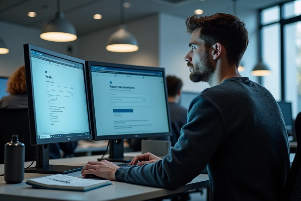 Technicien informatique en co-working résolvant un problème de connexion sur une plateforme artisan avec double écran
