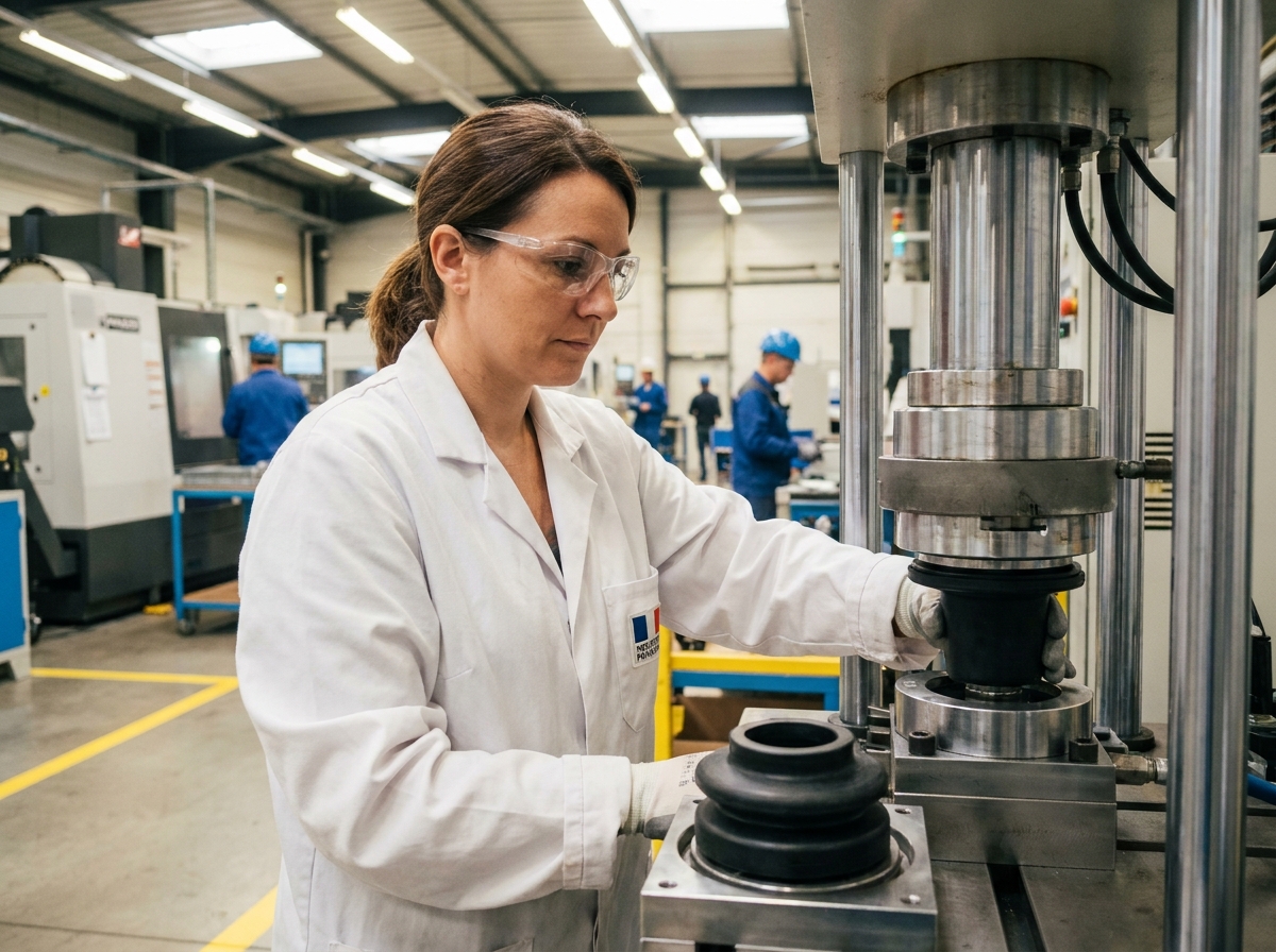Technicienne de production assemblant des composants en élastomère sur une ligne de fabrication industrielle automatisée en France