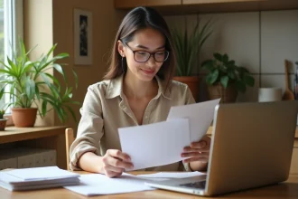 Femme travaillant à domicile en effectuant une tâche de mise sous pli d'enveloppes sur une table en bois