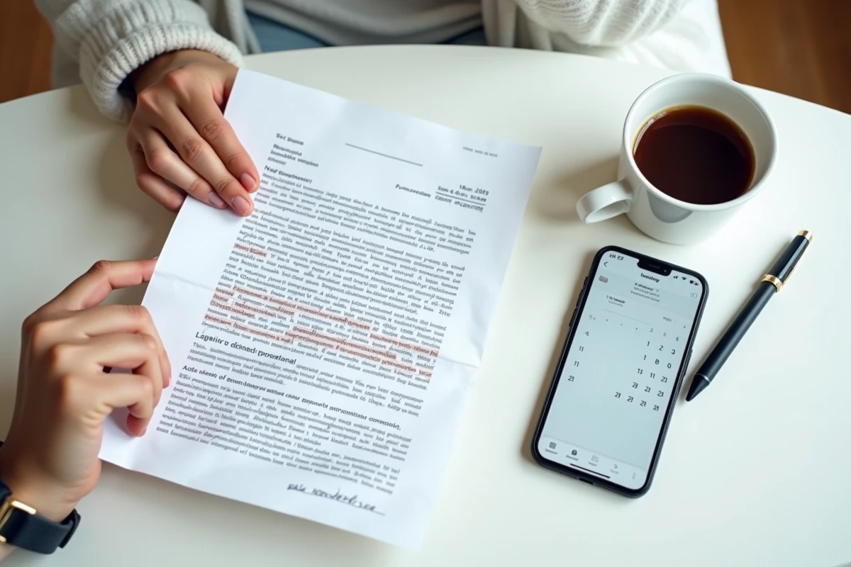 Mains tenant une lettre juridique annot&eacute;e avec un smartphone affichant un calendrier pour calculer un d&eacute;lai de pr&eacute;avis de 7 jours ouvrables