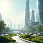 Ville futuriste en 2025 avec architecture innovante et véhicules électriques