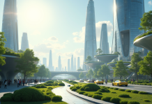 Ville futuriste en 2025 avec architecture innovante et véhicules électriques