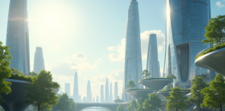 Ville futuriste en 2025 avec architecture innovante et véhicules électriques