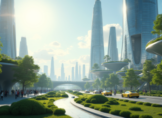 Ville futuriste en 2025 avec architecture innovante et véhicules électriques
