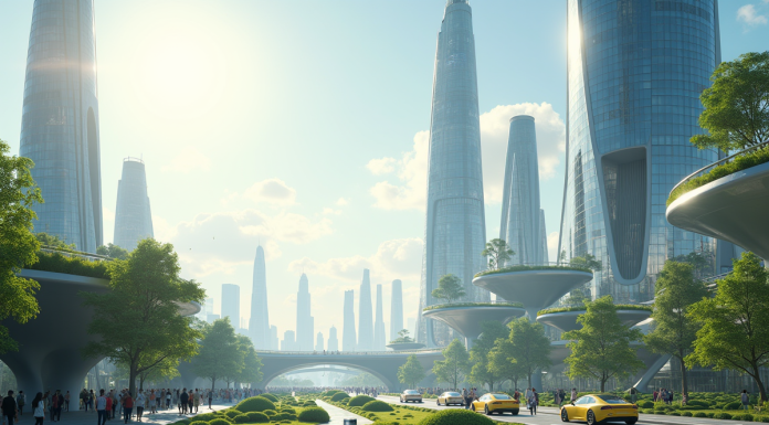 Ville futuriste en 2025 avec architecture innovante et véhicules électriques