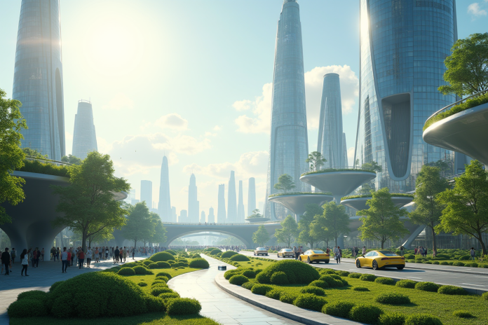 Ville futuriste en 2025 avec architecture innovante et véhicules électriques