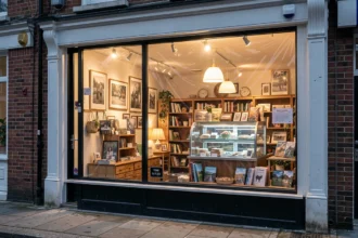 Vitrine de petit magasin éclairée en fin de journée