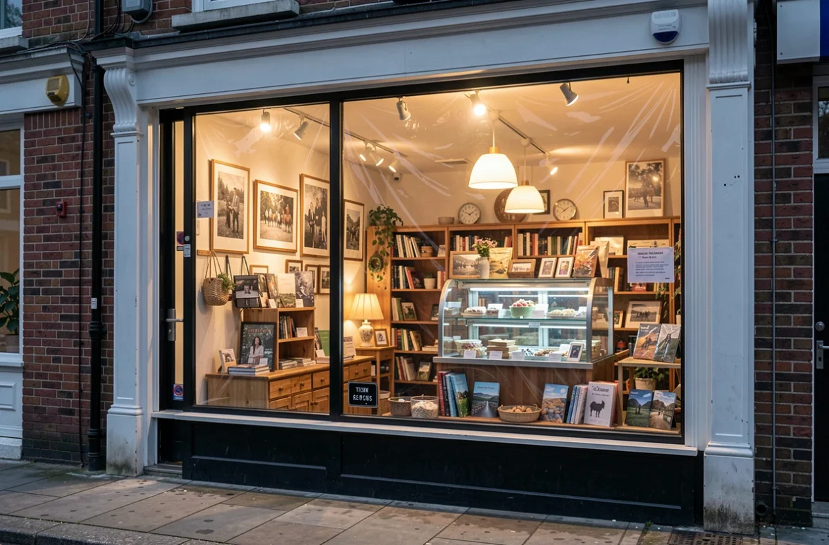 Vitrine de petit magasin éclairée en fin de journée
